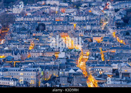 Bath UK cityscape, aerial view of the city of Bath on a winter evening, Somerset, England, UK Stock Photo