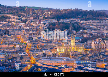 Bath city UK, aerial view of the city of Bath at twilight on a winter evening, Somerset, England, UK Stock Photo