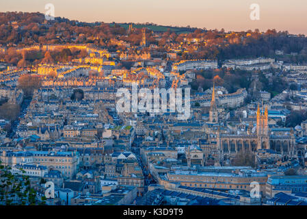 Bath UK city, aerial view of the city of Bath catching the last light of sunset, Somerset, England, UK Stock Photo