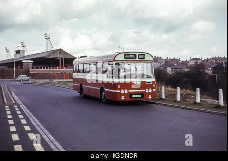 Scotland, UK - 1973: Vintage image of buses operating in 1973. Irvine AEC Reliance (registration FVD 298K). Stock Photo