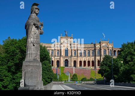 Statue of Pallas Athene on the external Maximilian's bridge in front of the Maximilianeum, Munich, Lehel, Haidhausen, Upper Bavaria, Bavaria, Germany, Stock Photo