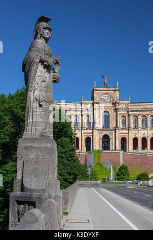 Statue of Pallas Athene on the external Maximilian's bridge in front of the Maximilianeum, Munich, Lehel, Haidhausen, Upper Bavaria, Bavaria, Germany, Stock Photo