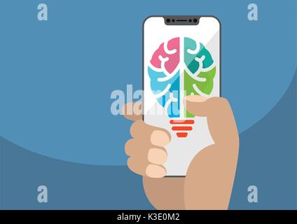 Symbol combining light bulb and brain displayed on frameless touchscreen. Hand holding modern bezel free smartphone. Concept for ideation, innovation Stock Vector