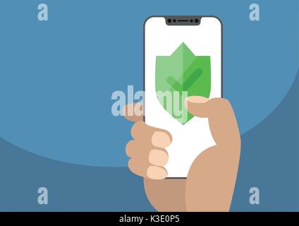 Green shield displayed on frameless touchscreen. Hand holding modern bezel free smartphone. Concept for online or internet security. Illustration usin