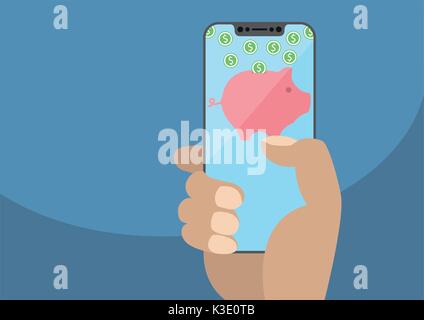 Hand holding modern bezel free smartphone. Piggy bank symbol and dollar coins displayed on frameless touchscreen. Concept for digital wallet and onlin Stock Vector