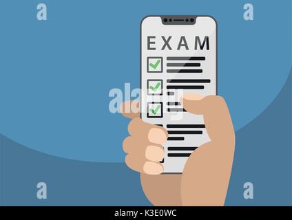 Hand holding modern bezel free smart phone. Concept for taking and passing an online exam. Illustration using flat design