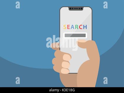 Hand holding modern bezel free smartphone with search website displayed on touch screen. Illustration in flat design.