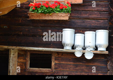 Austria, Tyrol, Zillertal, Höhenstrasse, alpine hut, milk pots, rural idyll, Stock Photo