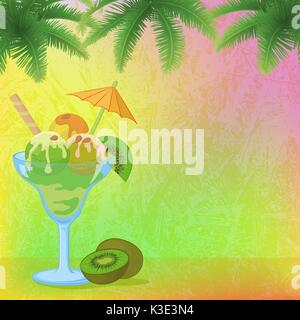 Ice Cream, Almonds, Palm Branches and Kiwi Stock Vector