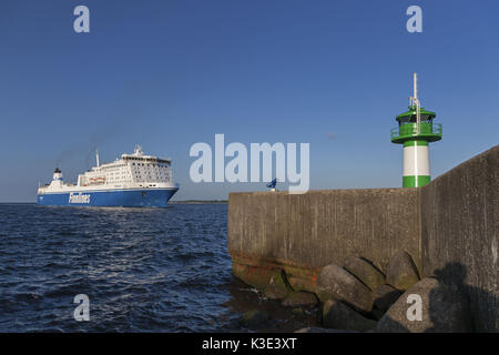 Ferry Finnlines in the lighthouse north mole, Travemünde, Hanseatic town Lübeck, Schleswig - Holstein, Germany, Stock Photo