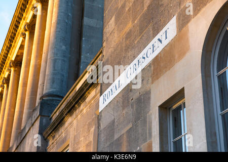 Royal Crescent Bath, view of a street sign sited on the wall of a Georgian building at the entrance to the Royal Crescent in the centre of Bath, UK. Stock Photo