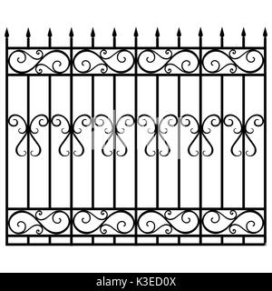 Vector illustration wrought iron modular railing and fence. Vintage gate with swirls. Black forged fence Stock Vector