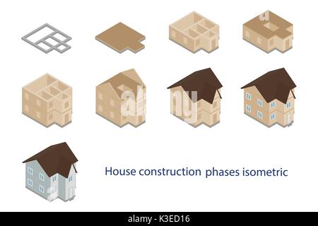 Vector illustration house, building construction phases isometric icons set isolated on white background Stock Vector