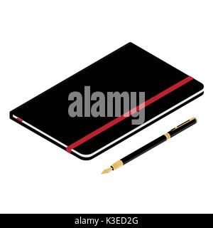 Vector illustration isometric perspective 3d black leather notebook and fountain pen isolated on white background. Stock Vector