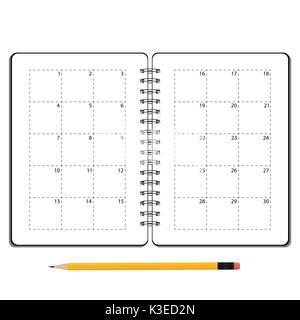 Vector illustration open diary, planner or notebook and pencil with eraser in flat style. Office and business supplies for lists, reminders, schedules Stock Vector