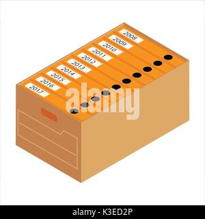 Vector illustration brown box with documents. Cardboard box for archive. Stock Vector
