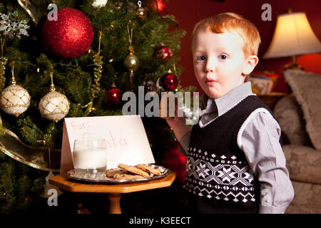 Young boy eating cookies left for Santa Claus on Christmas Eve. Stock Photo