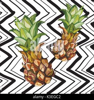 Vector Pineapples hand drawn sketch. Watercolor vector tropical food illustration. Geometric background. Stock Vector
