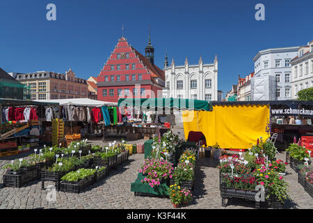 Weekly market on marketplace behind it the city hall, Hanseatic town Greifswald, Western Pomerania, Mecklenburg-West Pomerania, Germany Stock Photo