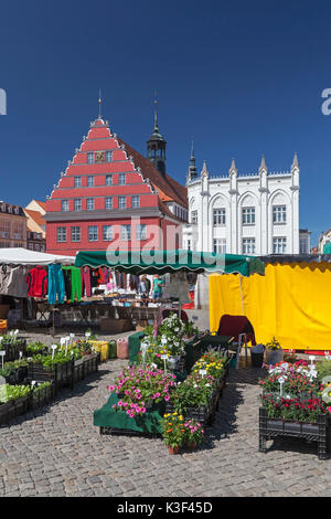Weekly market on marketplace behind it the city hall, Hanseatic town Greifswald, Western Pomerania, Mecklenburg-West Pomerania, Germany Stock Photo