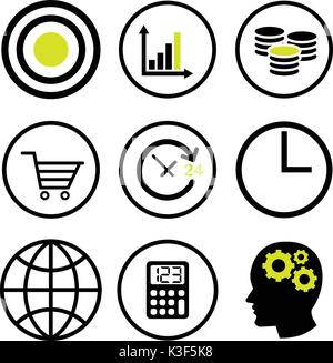 Set vector of Financial line icons in circle line, target sign, growth graph, data, money, cart, clock, calculation, globe. Collection modern infograp Stock Vector