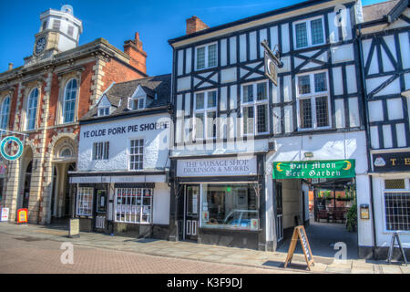 HDR image of Ye Olde Pork Pie Shoppe and the Dickinson & Morris Sausage shop on Nottingham Street in Melton Mowbray Leicestershire UK Stock Photo