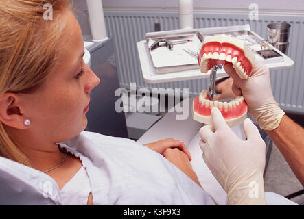 Dentist declares tooth problems at the model to his patient Stock Photo