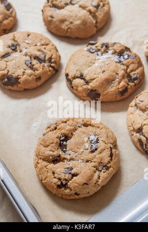 Fresh Baked Chocolate Chip Cookies Covered with Salt Stock Photo