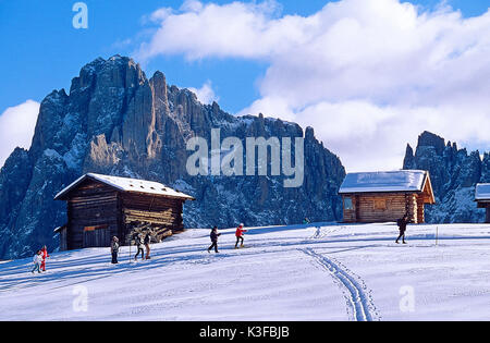 Ski cross-country skier on the Seiseralm in front of Langkofel, South Tirol Stock Photo