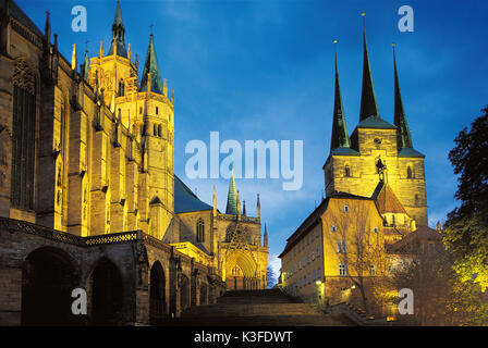 Cathedral and Severikirche in Erfurt, illuminated Stock Photo