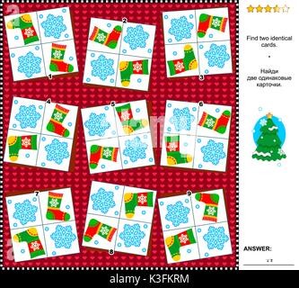 Christmas or New Year holiday themed visual logic puzzle: Find the two identical cards. Suitable both for children and adults. Answer included. Stock Vector