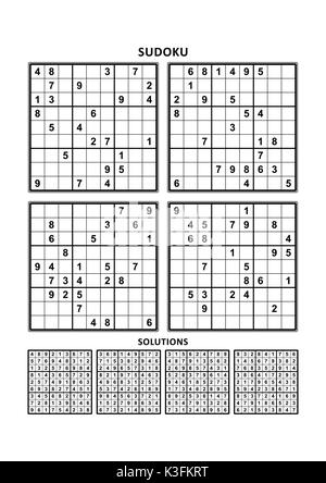 Four sudoku puzzles of comfortable (easy, yet not very easy) level, suitable for large print books, answers included. Set 5. Stock Vector