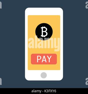Business Man hand holding smartphone with bitcoin icon on screen mobile gadget flat design mockup. Vector Stock Vector