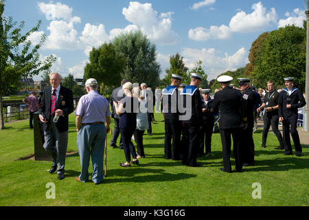 Teddington, Middlesex, United Kingdom. 2nd Sep, 2017. Officials and Naval Cadets prepare for a short service on Lock Island at Teddington Lock with members of the Association of Dunkirk Little Ships Credit: Emma Durnford/ Alamy Live News Stock Photo
