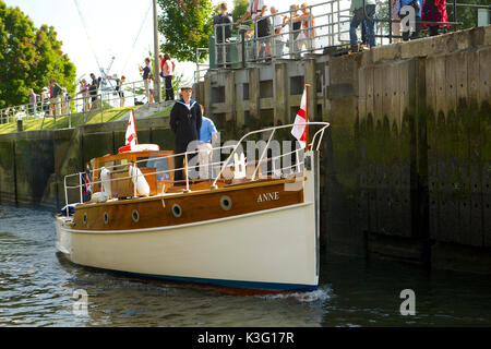 Teddington, Middlesex, United Kingdom. 2nd Sep, 2017. Teddington Lock gates open to allow 'Anne', a member of the Association of Dunkirk Little Ships to continue it's journey downstream on the river Thames Credit: Emma Durnford/ Alamy Live News Stock Photo