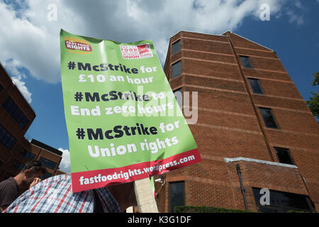 London, UK. 2nd September, 2017. ‘McStrike Protest’ by McDonald’s fast food workers outside McDonald's HQ in East Finchley, North London. Credit: Guy Corbishley/Alamy Live News Stock Photo