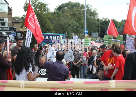 London, UK, 2nd September 2017.Mc Donalds workers and their supporters rally outside the company's HQ in East Finchley. The Bakers Food and Allied Workers Union (BFAWU) organised the rally which precedes a strike at two McDonalds branches on Monday. Roland Ravenhill/Alamy Live News Stock Photo