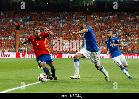 Dani Carvajal (2) Spanish player. Leonardo Spinazzola (7) Italian player.  In action during the qualifying match for the 2018 World Cup, Round 7, between Spain vs Italy at the Santiago Bernabeu stadium in Madrid, Spain, September 2, 2017 . Stock Photo