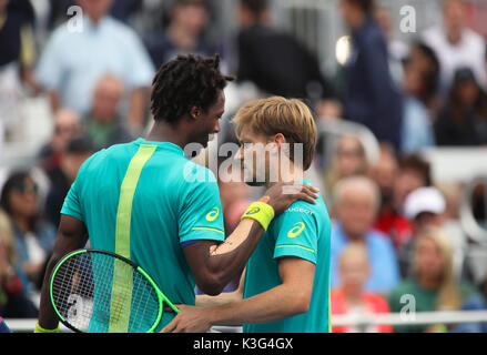 New York, USA. 2nd September, 2017. Gael Monfils of France congratulates his opponent David Goffin of Belgium after Monfils was forced to retire with an injury from their third round match at the US Open in Flushing Meadows, Credit: Adam Stoltman/Alamy Live News Stock Photo