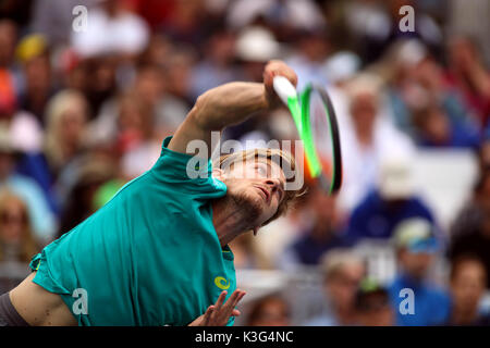 New York, USA. 2nd September, 2017. David Goffin of Belgium serving during his third round match against Gael Monfils of France at the US Open in Flushing Meadows, New York.  Monfils retired with an injury in the second set. Credit: Adam Stoltman/Alamy Live News