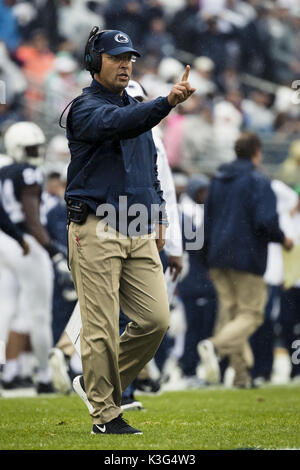 University Park, Pennsylvania, USA. 2nd Sep, 2017. September 02, 2017: Penn State Nittany Lions head coach James Franklin gives instruction during the NCAA football game between Penn State Nittany Lions and Akron Zips at Beaver Stadium in University Park, Pennsylvania. Credit: Scott Taetsch/ZUMA Wire/Alamy Live News Stock Photo