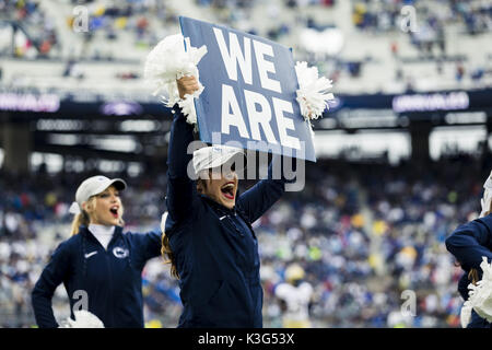 University Park, Pennsylvania, USA. 2nd Sep, 2017. September 02, 2017: Penn State cheerleaders pump up the crowd during the NCAA football game between Penn State Nittany Lions and Akron Zips at Beaver Stadium in University Park, Pennsylvania. Credit: Scott Taetsch/ZUMA Wire/Alamy Live News Stock Photo