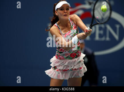 New York, USA. 2nd September, 2017.  Agnieszka Radwanska of Poland during her third round match against Coco Vandeweghe of the United States at the US Open in Flushing Meadows, New York.  Vandeweghe won the match in three sets. Credit: Adam Stoltman/Alamy Live News Stock Photo