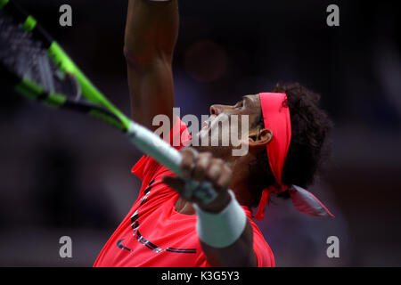 New York, USA. 2nd September, 2017. Rafael Nadal of Spain serving to LeonardoMayer of Argentina during their third round match  at the US Open in Flushing Meadows, New York. Credit: Adam Stoltman/Alamy Live News Stock Photo