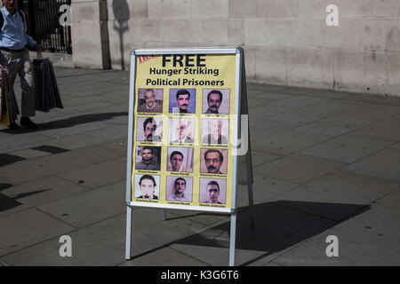 London, UK. 2nd September, 2017. Protesters gathered in Trafalgar Square calling for a UN enquiry on the 1988 massacre in Iran under Ayatollah Khomeini. Taz Rahman/Alamy Live News Stock Photo