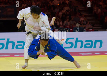 Budapest. 2nd Sep, 2017. Yu Song (L) of China and Sarah Asahina of Japan compete during the the women's  78 kg category final at the 2017 Suzuki World Judo Championships in Budapest, Hungary on Sept. 2, 2017. Yu Song beated Sarah Asahina to claim the title. Credit: Attila Volgyi/Xinhua/Alamy Live News Stock Photo