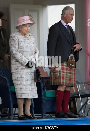 London, UK. 3rd Sep, 2017. British Queen Elizabeth II attends the 2017 Braemar Gathering, an annual traditional Scottish Highland Games, in Braemar, Scotland, Sept. 2, 2017. Credit: Xinhua/Alamy Live News