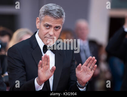 Venice, Italy. 2nd Sep, 2017. Director George Clooney attends the premiere of the movie 'Suburbicon' in competition at the 74th Venice Film Festival in Venice, Italy, Sept. 2, 2017. Credit: Jin Yu/Xinhua/Alamy Live News Stock Photo
