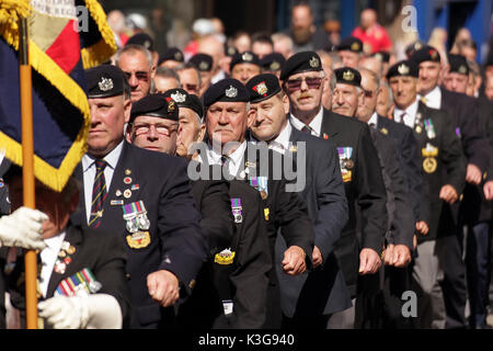 Gloucester, UK. 02nd Sep, 2017. Veterans marching in the parade during Gloucester Day, a tradition that originally dates back to the lifting of the Siege of Gloucester in 1643. Credit: Carl Hewlett/Alamy Live News Stock Photo