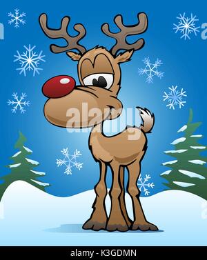 vector xmas drawing of funny red nosed reindeer. christmas card Stock ...